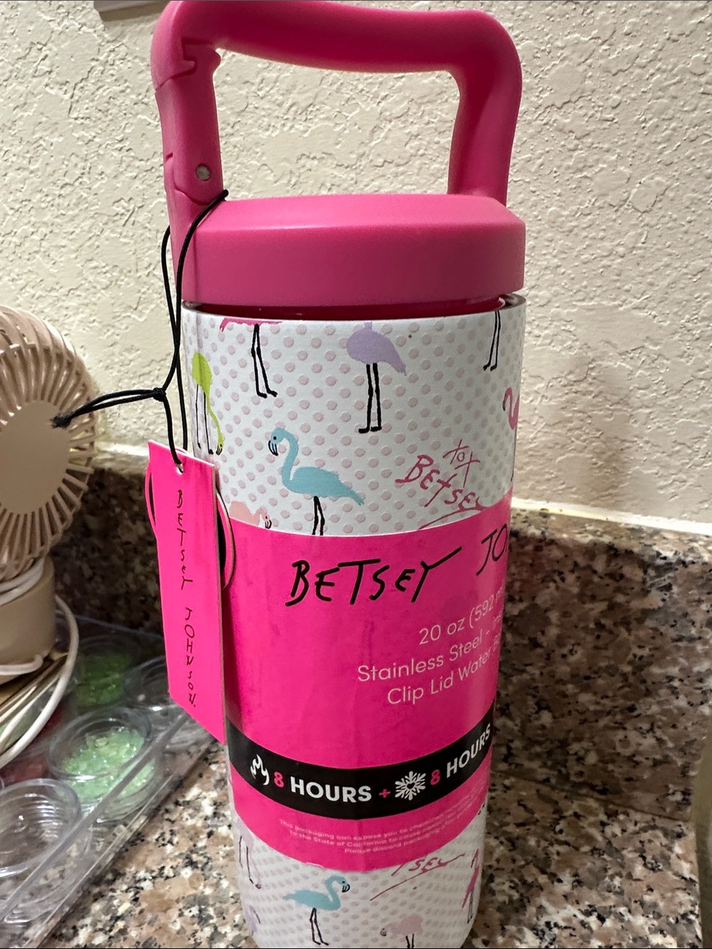 Betsey Johnson Pink Flamingo Insulated Water Bottle with Clip Handle 20. Oz - Picture 5 of 7